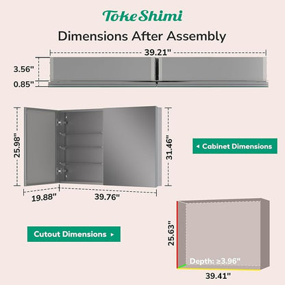 TokeShimi 40 x 26 Farmhouse Medicine Cabinet Recessed or Surface Mount Aluminum, Mirror with Stepless Adjustable Storage, Silver Bathroom Mirror Medicine Cabinet Frameless Metal Modern