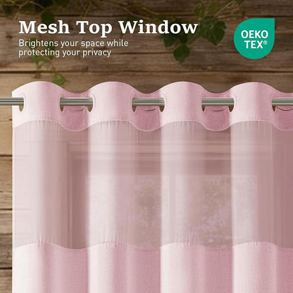 Pink Ringless Linen Textured Shower Curtain with Snap in Liner, 72x75 | 3 in 1 Hotel Shower Curtain Set, Removable Liner, Waterproof & Washable, Mesh Top Window, Durable Fabric, Easy to Install