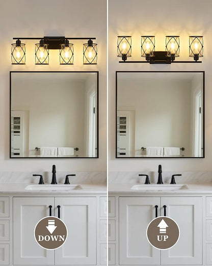 4-Light Black Bathroom Light Fixtures, 29 Inch Modern Bathroom Vanity Lighting Fixtures Over Mirror with Clear Glass and Metal Cage Wall Sconce Lights for Bath, E26, CH9176BK-4W