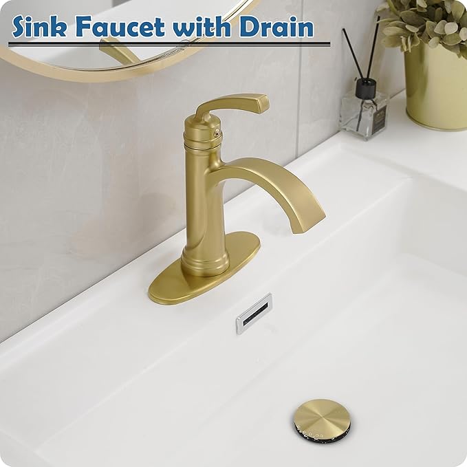 Brushed Gold Bathroom Faucet, Brass 1 Handle Bathroom Waterfall Sink Faucet 1 Hole or 3 Hole (4 Inch) with Pop Up Drain, Deck Plate, Extended 23.4 Inch Hoses for Farmhouse, Vanity, Restroom