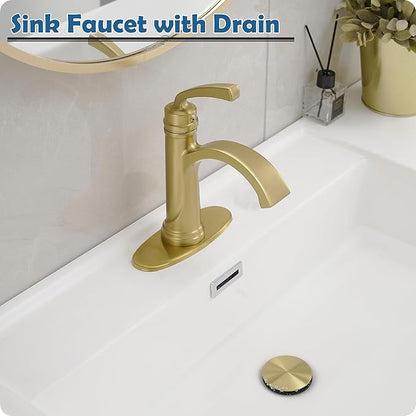 Brushed Gold Bathroom Faucet, Brass 1 Handle Bathroom Waterfall Sink Faucet 1 Hole or 3 Hole (4 Inch) with Pop Up Drain, Deck Plate, Extended 23.4 Inch Hoses for Farmhouse, Vanity, Restroom