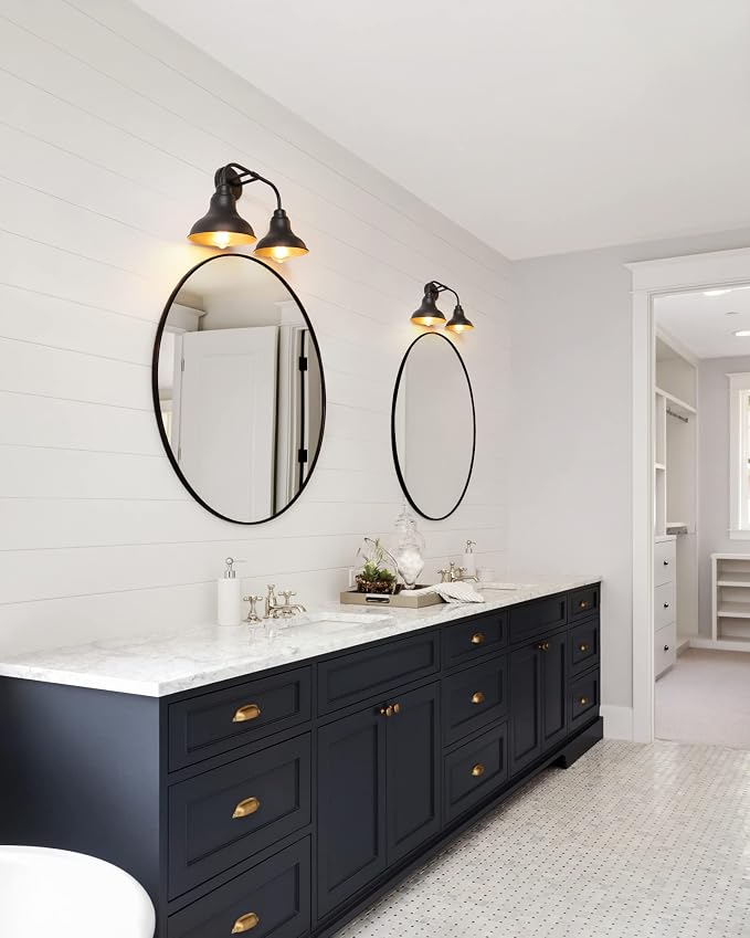 18-Inch 2-Light Farmhouse Bathroom Vanity Light Over Mirror, Black | Rustic industrial style, metal construction, 2 E26 sockets, 60W max each, dimmable, 7.08 in. shades, bathroom mirror, bedroom