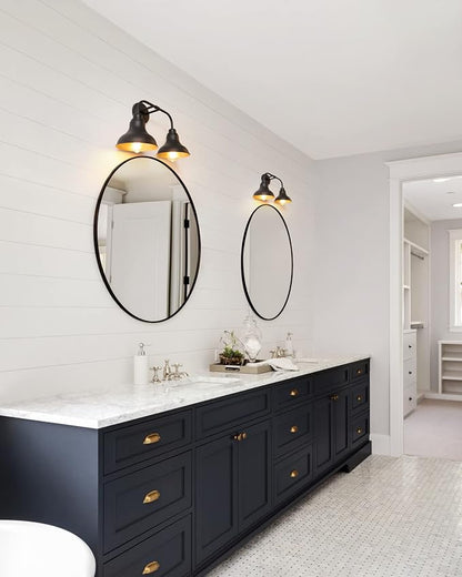 18-Inch 2-Light Farmhouse Bathroom Vanity Light Over Mirror, Black | Rustic industrial style, metal construction, 2 E26 sockets, 60W max each, dimmable, 7.08 in. shades, bathroom mirror, bedroom