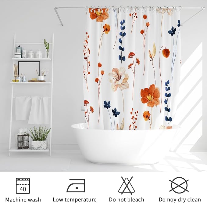 Orange Navy Beige Watercolor Floral Fabric Shower Curtain, 72x72 | Waterproof Fabric, Modern Minimalist Floral Print, Machine Washable, Rustproof Grommets, for Bathroom Home