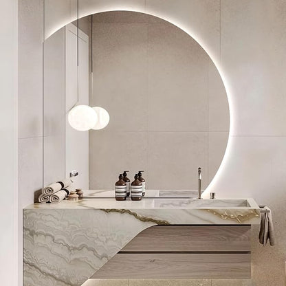 32" Half Moon LED Bathroom Mirror, Backlit Wall Mirror with Lights | Frameless Vanity Mirror with 3 Color Dimmable, Anti Fog, HD Shatter-Proof, IP65 Waterproof, Memory, CRI95+, Right/Left Cut