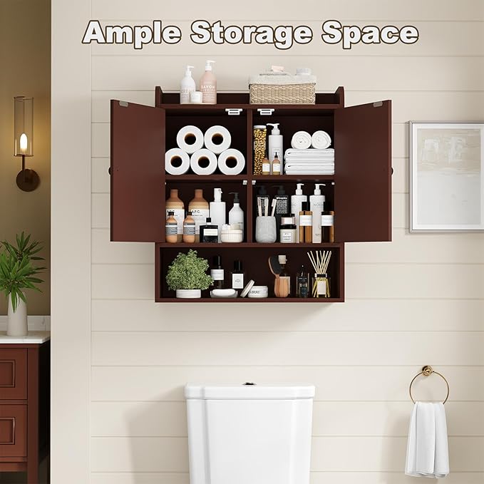 EasyCom 22" W x 26" H Bathroom Wall Cabinet, Farmhouse Medicine Cabinet with Adjustable Shelves and Double Barn Doors, Over The Toilet Storage Cabinet for Bathroom, Kitchen, Living Room, Russet