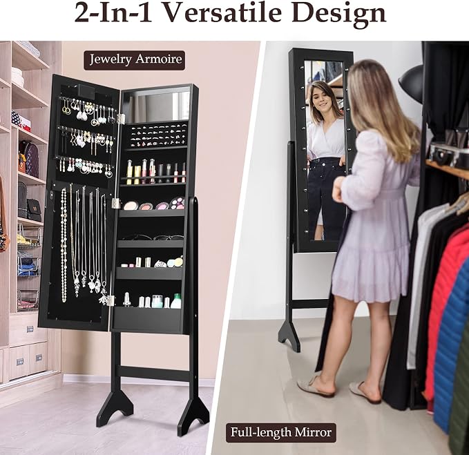 Moccha 18 LEDs Standing Jewelry Armoire, Large Lockable Jewelry Organizer, Mirrored Jewelry Cabinet with Full Length Mirror, 1 Inside Makeup Mirror, 4 Storage Shelves, 16 Lipstick Holders, Black
