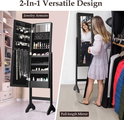Moccha 18 LEDs Standing Jewelry Armoire, Large Lockable Jewelry Organizer, Mirrored Jewelry Cabinet with Full Length Mirror, 1 Inside Makeup Mirror, 4 Storage Shelves, 16 Lipstick Holders, Black