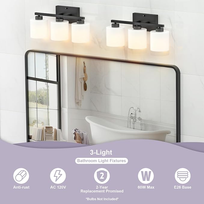 Honesorn Bathroom Light Fixtures Black, 3-Light Vanity Lights Over Mirror | Modern Bathroom Vanity Light, Frosted Shades, Bathroom Lights Over Mirror, E26 Socket (Bulbs Not Included)