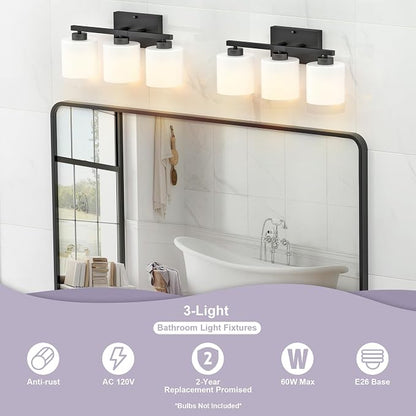 Honesorn Bathroom Light Fixtures Black, 3-Light Vanity Lights Over Mirror | Modern Bathroom Vanity Light, Frosted Shades, Bathroom Lights Over Mirror, E26 Socket (Bulbs Not Included)