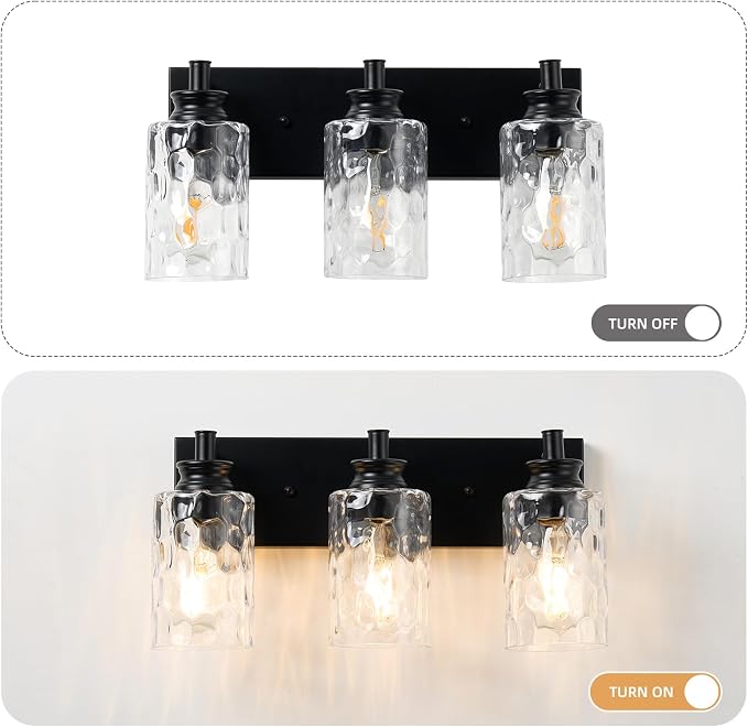 3 Light Bathroom Vanity Light Modern Black Bathroom Light Fixtures Over Mirror with Hammered Glass Lampshade for Kitchen Hallway
