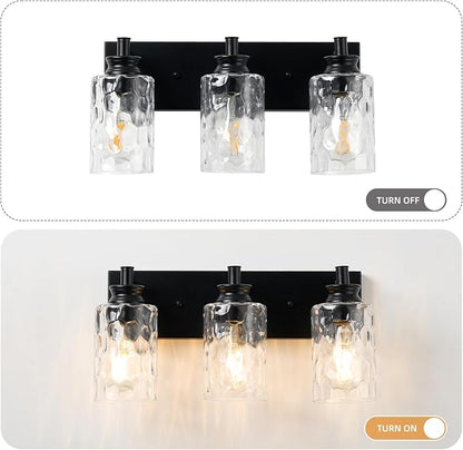 3 Light Bathroom Vanity Light Modern Black Bathroom Light Fixtures Over Mirror with Hammered Glass Lampshade for Kitchen Hallway