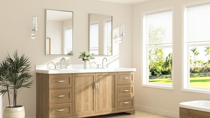 Brushed Nickel Mirror for Bathroom Sink 24" x 36" Beveled Frame Brushed Nickel Vanity Rectangle Mirror for Bathroom Wall, Modern Farmhouse, Tempered Glass, Shatterproof, Stronger Frame