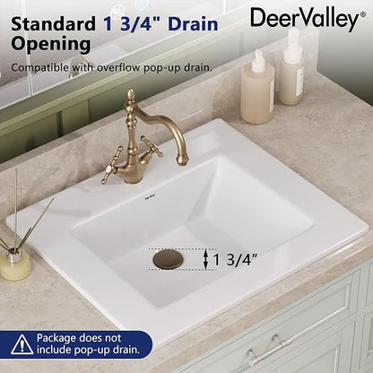 DeerValley 21"x18" Drop-In Bathroom Sink Ceramic Rectangle Vessel Sink with Overflow Vanity Bathroom Vessel Sink Bowl
