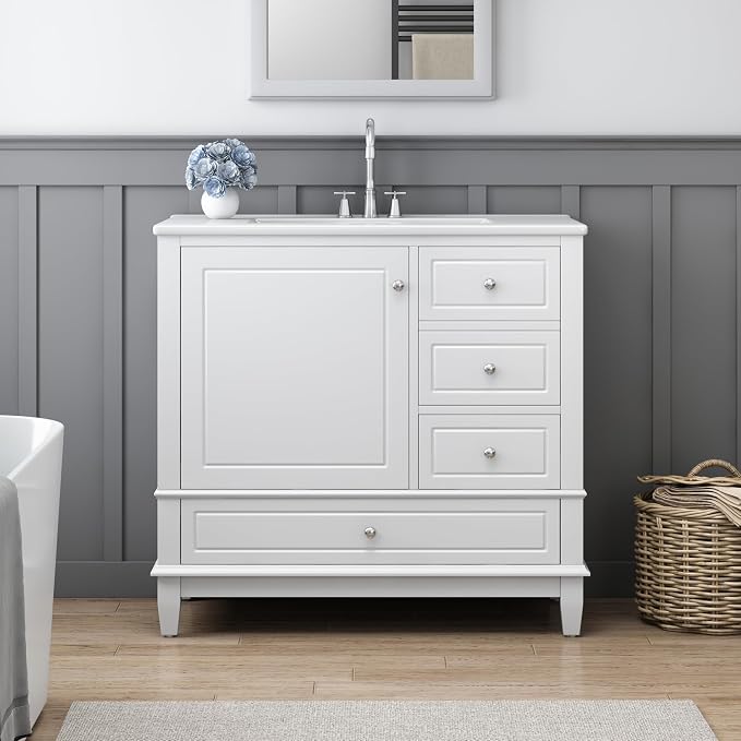 Merax Bathroom Vanity with Ceramic Sink 36 Inch, Cabinet with One Door and Three Drawers, Soft-Closing Door, Solid Wood Legs, White