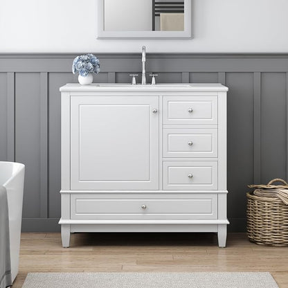 Merax Bathroom Vanity with Ceramic Sink 36 Inch, Cabinet with One Door and Three Drawers, Soft-Closing Door, Solid Wood Legs, White