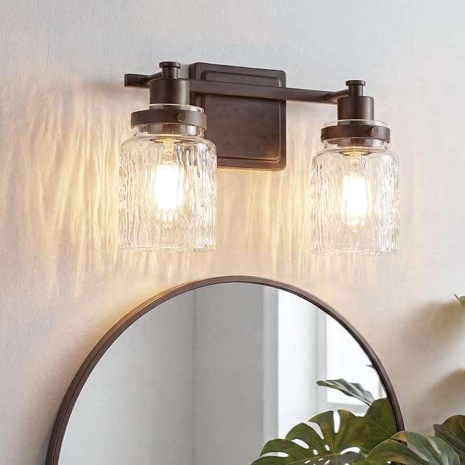2 Light Bathroom Vanity Light Fixtures Farmhouse Oil Rubbed Bronze | ETL Certificate, Easy to Install,Wall Mount Up or Down,Hammered Glass Lampshade,E26 Socket,Hardwired,120V