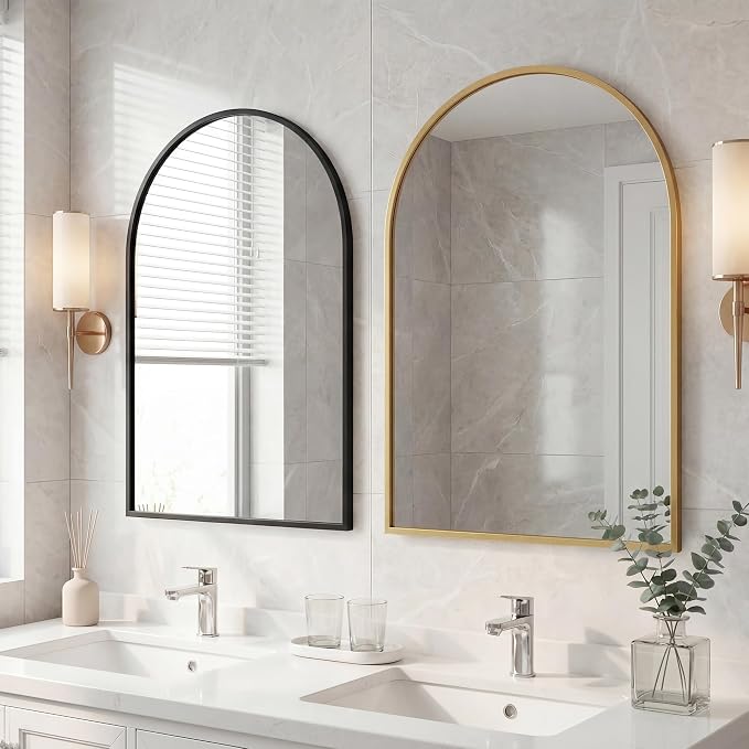 OLIXIS Arched Bathroom Wall Mirror, Vanity Mirror, 20x30 | Matte Metal Frame, Tempered Glass Shatterproof, Home Decor, Living Room, Gold