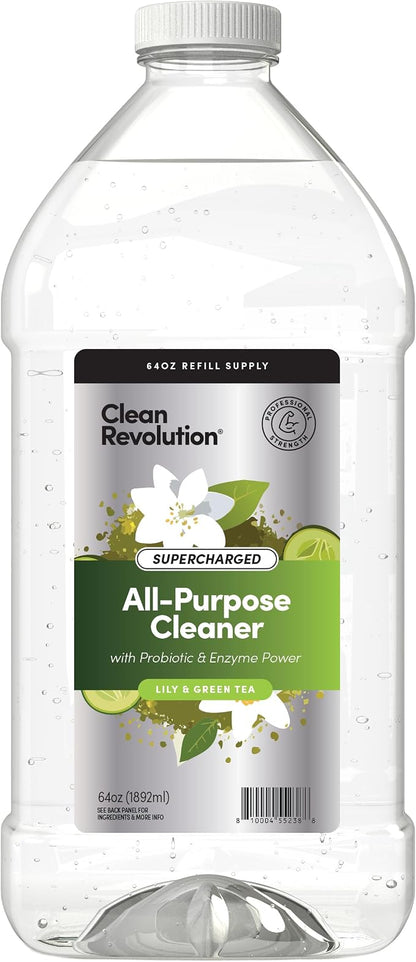 Clean Revolution SuperCharged All Purpose Cleaner Refill with Smart Probiotic + Enzyme Complex, Multi-Surface Kitchen Bathroom & Floor Cleaner, Lily & Green Tea, 64 Fl oz (Pack of 1)