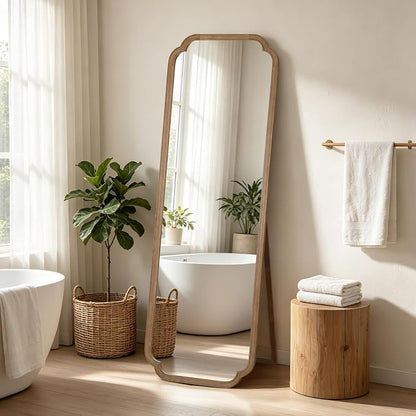 Farmhouse Full Length Mirror with Stand 22x65 Inch, Wooden Frame Floor Mirror,for Bedroom, Entryway, Living Room(Natural)