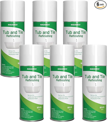 NADAMOO Tub and Tile Spray Paint White, 450ml, 6 Cans, Aerosol Bathtub Refinishing Kit for Porcelain Fiberglass Ceramic, DIY Resurfacing Bathroom Sink Countertop
