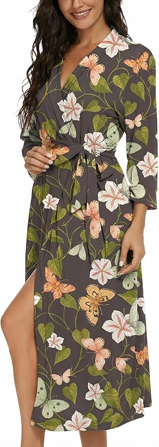 VINTATRE Women Kimono Robes Long Knit Bathrobe Lightweight Soft Knit Sleepwear V-neck Casual Ladies Loungewear