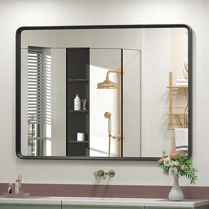 44x36 Inch Black Matte Framed Mirror for Bathroom | Rounded Rectangle Mirror, Bathroom Vanity Mirror for Wall, Anti-Rust, Shatterproof (Horizontal/Vertical)