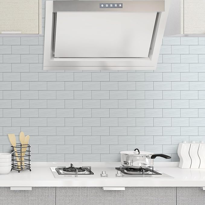 AULIGET 4-Piece Stainless Steel Subway Tile Peel and Stick Backsplash, 3" x 6" Metal Stick on Wall Tiles for Backsplash Kitchen, Bathroom, Laundry Room, Camper, Fireplace