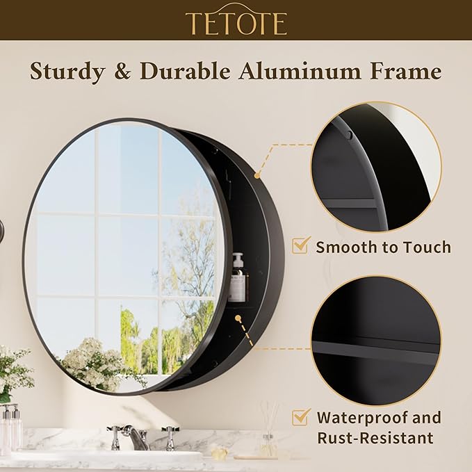 TETOTE 20 x 20 Inch Medicine Cabinet Mirror Black Framed Round Mirrored Medicine Cabinets for Bathroom Adjustable Shelves Modern Bathroom Mirror with Storage Wall Mounted