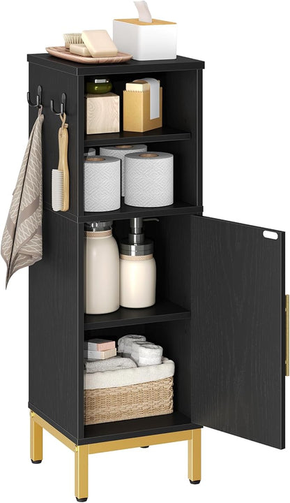 Bathroom Storage Cabinet, Corner Floor Cabinet with Door & Shelves, 2Hooks, Small Narrow Storage Organizer, Toilet Paper Cabinets for Small Space, Black SC06304GV1