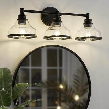 kudos 3-Light Matte Black Vanity Light, Clear Glass Shade | 24" bathroom light fixtures over mirror, upward or downward, E26 base, bulbs not included, Hardwired, KDVL20-BK-3