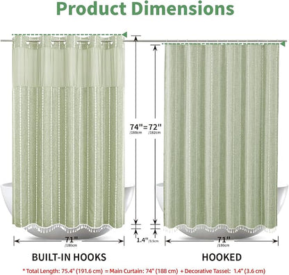 eachope Sage Green Farmhouse No Hook Shower Curtain Set with Snap-in Fabric Liner,Boho Heavy-Duty Linen Textured Rustic Striped Design,Water-Repellent with Tassels and Sheer Window,71x74 | Snap-in Liner,330GSM Thick Linen Textured Rustic Striped Design...