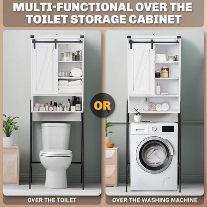 Over Toilet Storage Cabinet with Barn Door & Adjustable Shelves | 24 Inch Wide Bathroom Organizer, Space-Saving, Sturdy Wood, Anti-Tipping, Easy Assembly, for Restroom, Laundry, Small Spaces