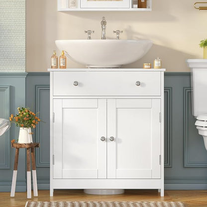 Pedestal Sink Storage Cabinet with 2 Doors and Drawer, Bathroom Sink Cabinet, Under Sink Storage with U-Shape Cut-Out, White