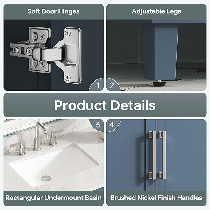 48 Inch Bathroom Vanity with Sink, Fully Assembled Bathroom Vanities with Soft Closing Doors & Dovetail Drawers, 48 Inch Vanity with Sink, Solid Wood, Engineered Stone Top, Steel Blue