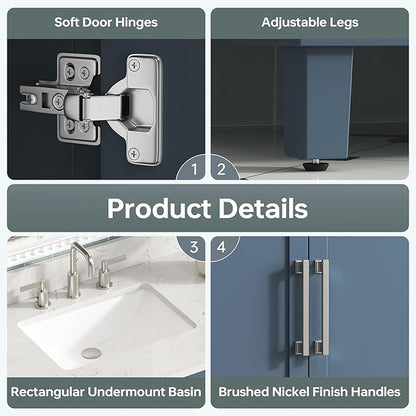48 Inch Bathroom Vanity with Sink, Fully Assembled Bathroom Vanities with Soft Closing Doors & Dovetail Drawers, 48 Inch Vanity with Sink, Solid Wood, Engineered Stone Top, Steel Blue