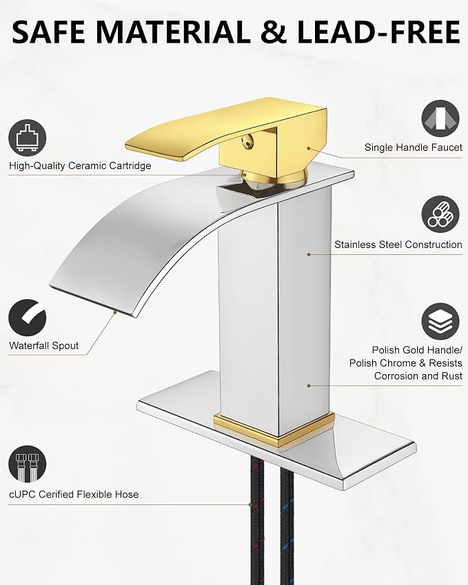 Midanya Waterfall Bathroom Faucet 1 Hole,Polish Gold Handle/Polish Chrome | with 24” Hoses,Pop Up Drain,6” Deck Plate,for 1 or 3 Hole Vanity,Lavatory,RV,Single Handle Bathroom Sink Faucet,NSF Certified