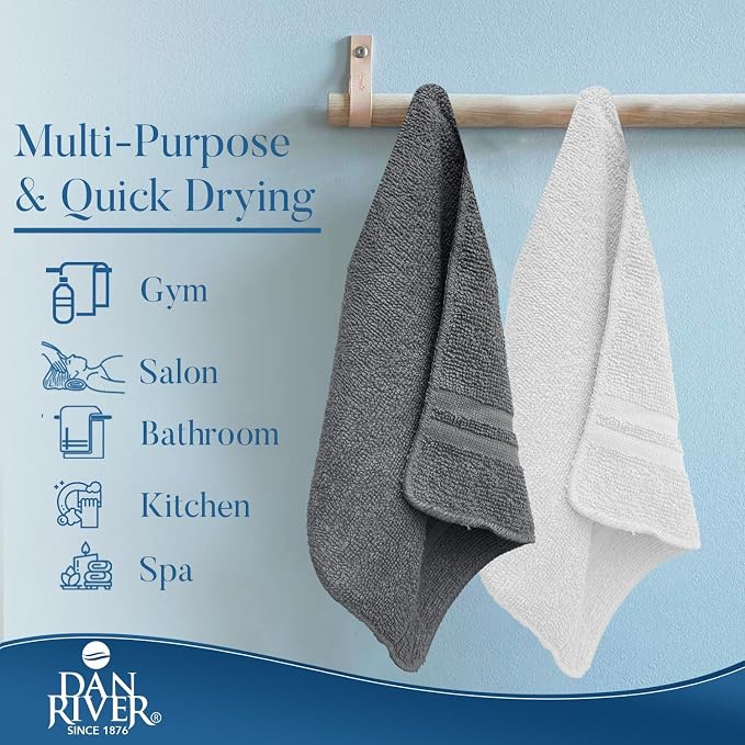 DAN RIVER 100% Cotton Washcloths 20 Pack Premium Quality Face and Body Cloth, Quick Dry Essential Towels for Bathroom, Hand, Kitchen & Cleaning, Baby Rugs | 11X11 in | 400 GSM | Grey + White