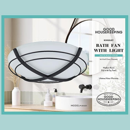 Good Housekeeping 81031 Kingsley Decorative 90 CFM 2.5 Sones Bathroom Ventilation Exhaust Fan with Light, Matte Black