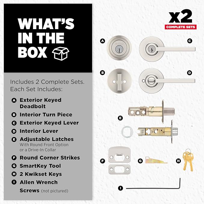 Kwikset Casey Round Front Door Lock Handle and Deadbolt Set, Entry Exterior with Interior Reversible Lever, Satin Nickel, Project Pack, Pick Resistant SmartKey Rekey Deadbolt Security