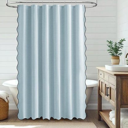 BTTN 80 Inch Shower Curtain, Long Scalloped Boho Linen Textured Heavy Duty Fabric Shower Curtain Set with 12 Hooks, Tall Modern Farmhouse Rustic Waterproof Shower Curtains for Bathtub, 72x80, Fog Blue