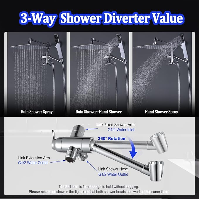 All Metal Rain Shower Head with Handheld Combo, YDmeet 10 Inch Rainfall Shower Head, Stainless Steel Hand Wand, 3 Setting Diverter, Adjustable Extension Arm w/Lock Joints, 71" Extra Long Hose, Chrome