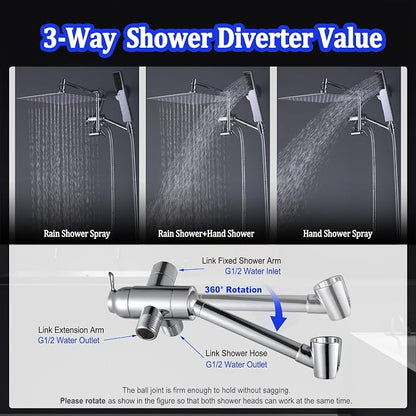 All Metal Rain Shower Head with Handheld Combo, YDmeet 10 Inch Rainfall Shower Head, Stainless Steel Hand Wand, 3 Setting Diverter, Adjustable Extension Arm w/Lock Joints, 71" Extra Long Hose, Chrome