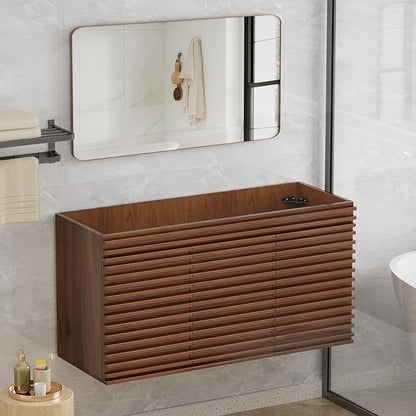 ROOMTEC 48" Bathroom Vanity, Mid-Century Wall Mounted Floating Cabinet with 2 Closing Doors, Wood Grain Texture, Walnut (Sink Basin Not Included)
