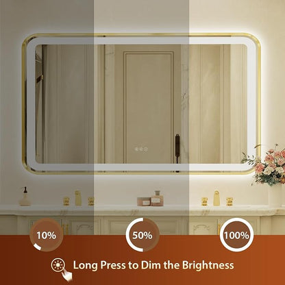 36x60 Inch Gold Framed LED Bathroom Mirror with Lights, Built-in Bluetooth Speaker, Dimmable Lighted Bathroom Vanity Mirror with 3 Colors, Backlit + Frontlit, Memory, Anti-Fog
