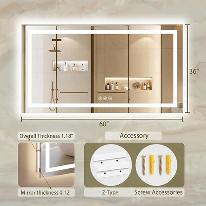 36"x60" LED Bathroom Mirror with Lights, Anti-Fog, Backlit+Frontlit | CRI 95, Stepless Dimmable, 3 Colors Lighting, Shatterproof Tempered Glass, HD Reflection, Memory, (Horizontal/Vertical)