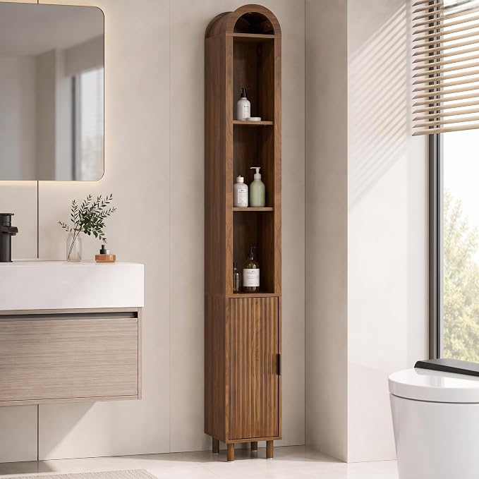 Narrow Bathroom Storage Cabinet Set, Tall Arched Small Wood Cabinet, Slim | Skinny Mid Century Modern Towel Cabinet, Fluted Doors, 4 Tier Shelves, Wooden Display Cabinet for Living Room, Walnut, 2 Pcs