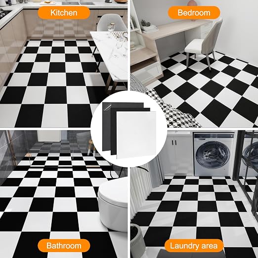 Peel and Stick Floor Tile 30-Pack 12 x 12 inch,Black and White Self-Adhesive Waterproof Vinyl Flooring Plank for Bathroom,Kitchen, Dining Room, Bedrooms, Cover 30 Sq. Ft (15 Tiles per Color)