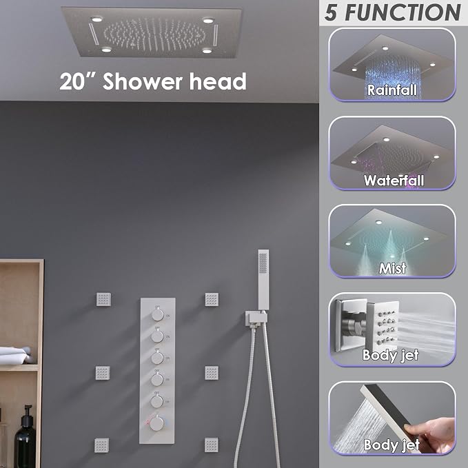 Enga Shower System With Spa Body Jets, 20 Inch LED Waterfall Atomizing Horizontal Square Ceiling Shower Head with Remote Control, Thermostatic Shower Faucet Set Flow Can Be Controlled Brushed Nickel