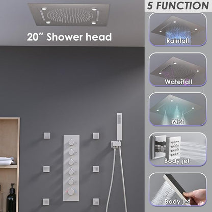 Enga Shower System With Spa Body Jets, 20 Inch LED Waterfall Atomizing Horizontal Square Ceiling Shower Head with Remote Control, Thermostatic Shower Faucet Set Flow Can Be Controlled Brushed Nickel